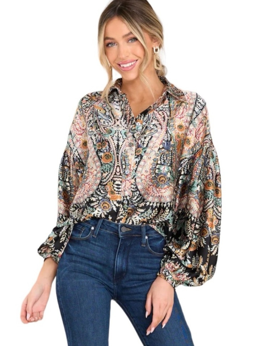 MOLLY BRACKEN Silky Paisley Balloon Sleeve Blouse